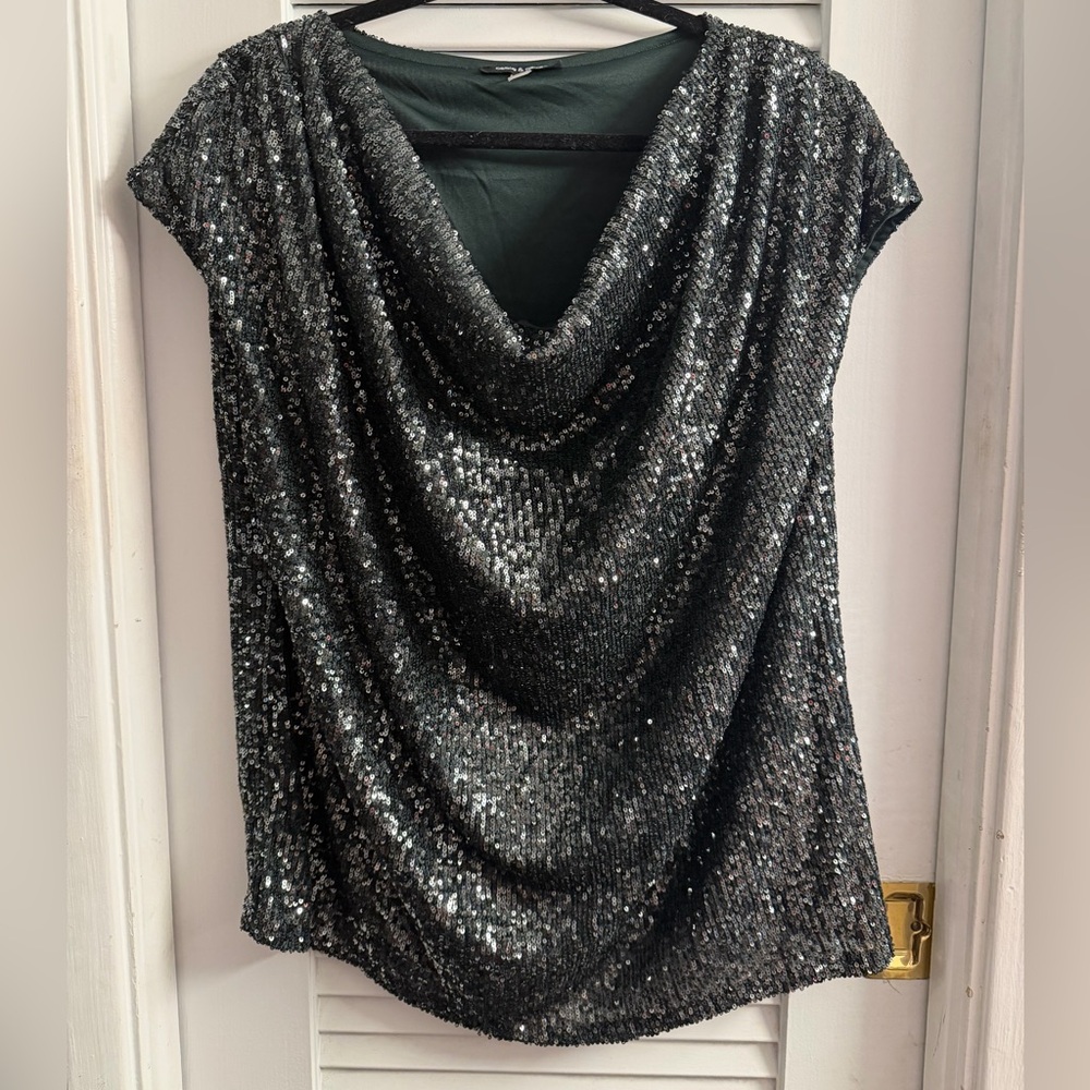 Cable & Gauge Hunter Green Cowl Neck Sleeveless Sequin Shirt Blouse Size 1XL.